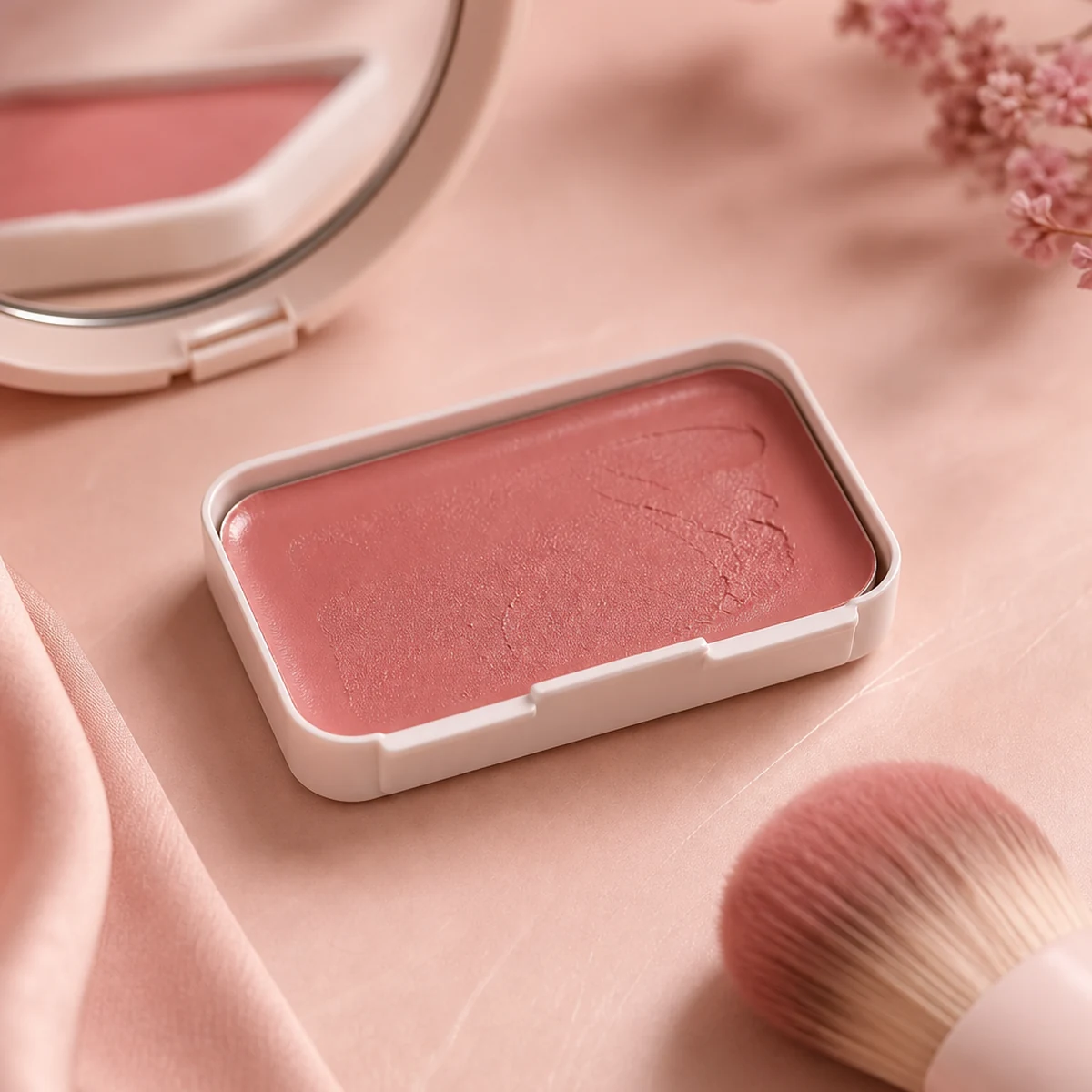 Pressed blush pan with brush and soft fabric background
