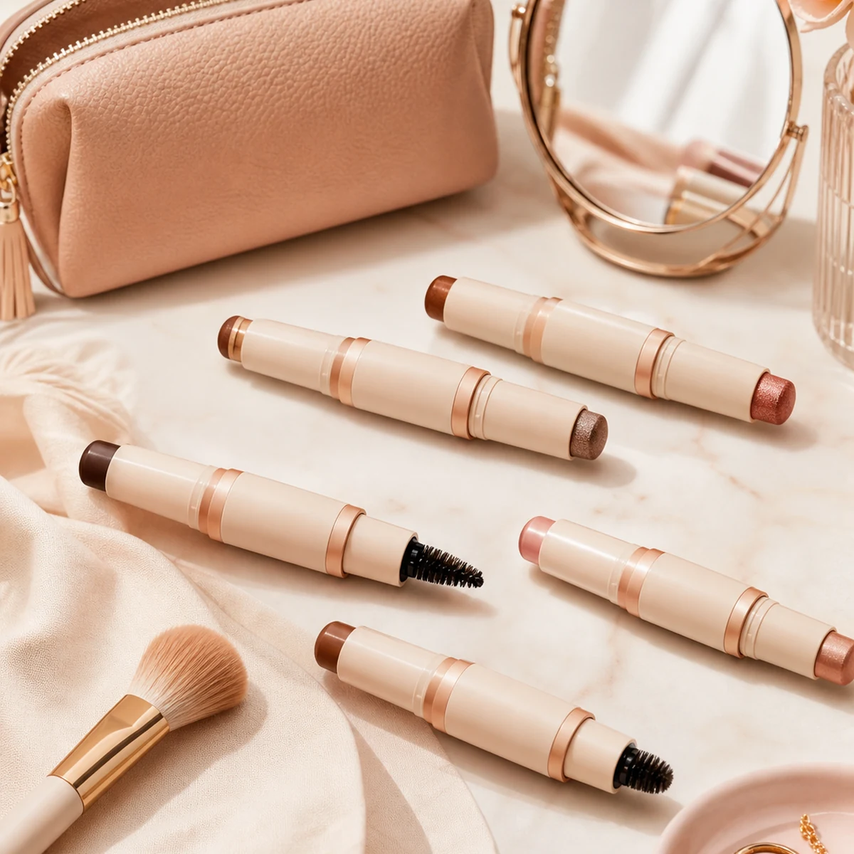 Non-branded compact makeup sticks and vanity kit arranged as a portable routine