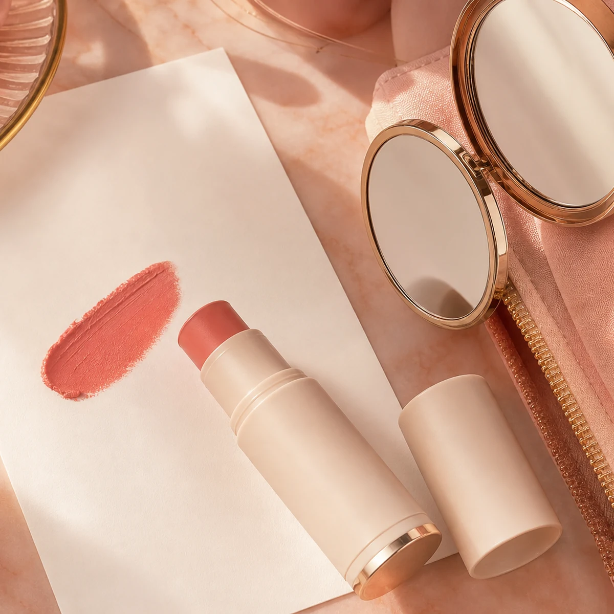 Lip color sticks and mirror arranged on soft fabric