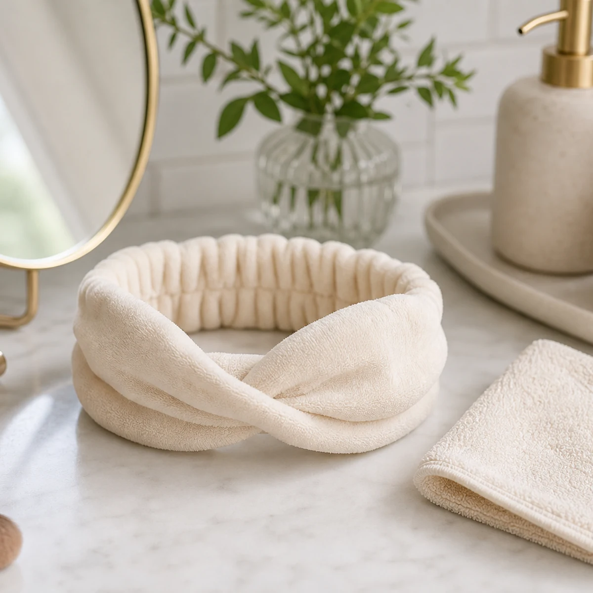Soft headband on a clean beauty preparation counter
