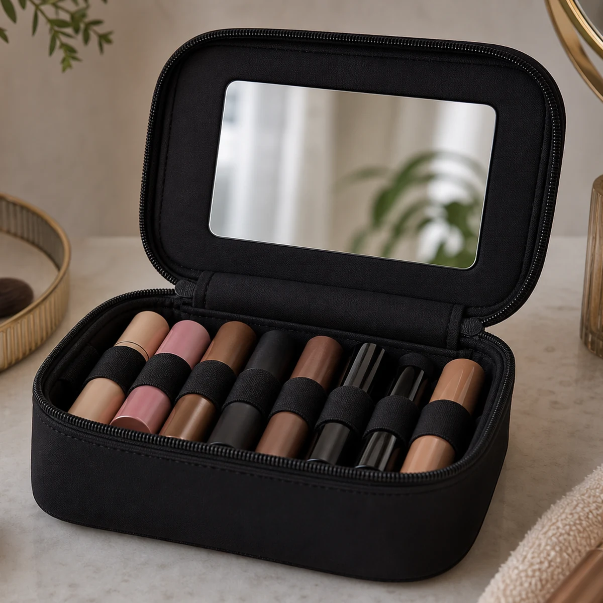 Open compact makeup travel kit with multiple cosmetic pieces